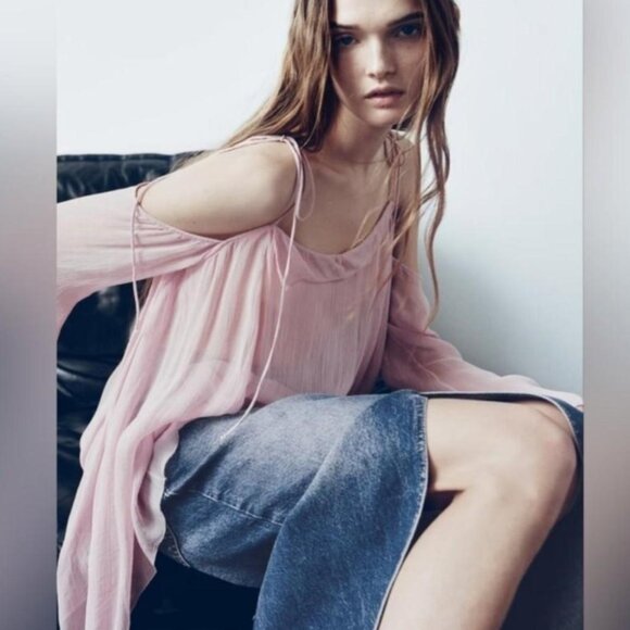 ZARA Pink Semi-Sheer Boho Flowy Blouse NWOT - Picture 1 of 8